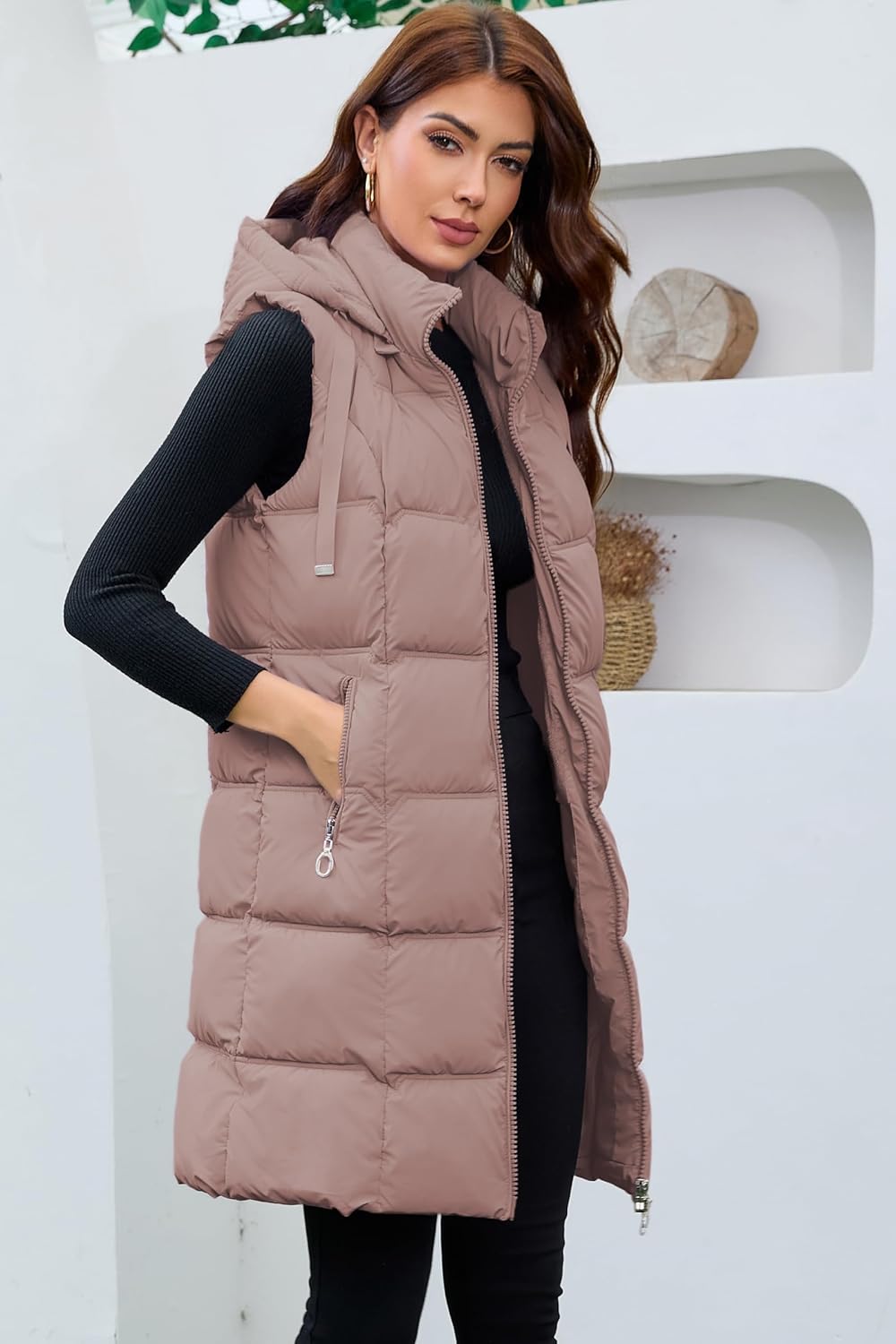Long Puffer Vest for Women with Hood Thickened Packable Sleeveless Extended Long Vest for Fall & Winter