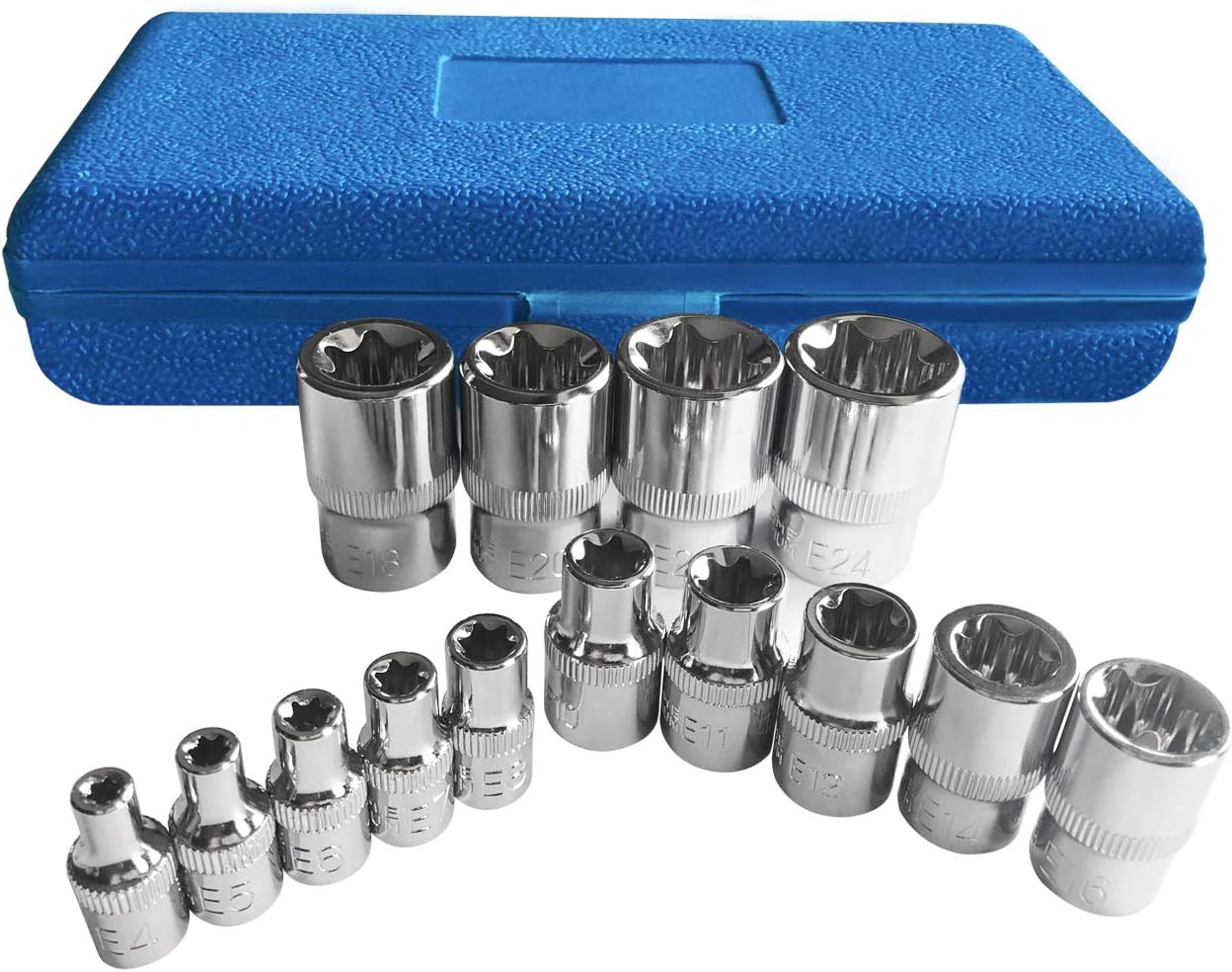 Torx Socket Set Tamper Proof Torx Star Bit Torq Torque Female E-socket Set E4-E24 1/4" 3/8" 1/2" Drive 14Pcs
