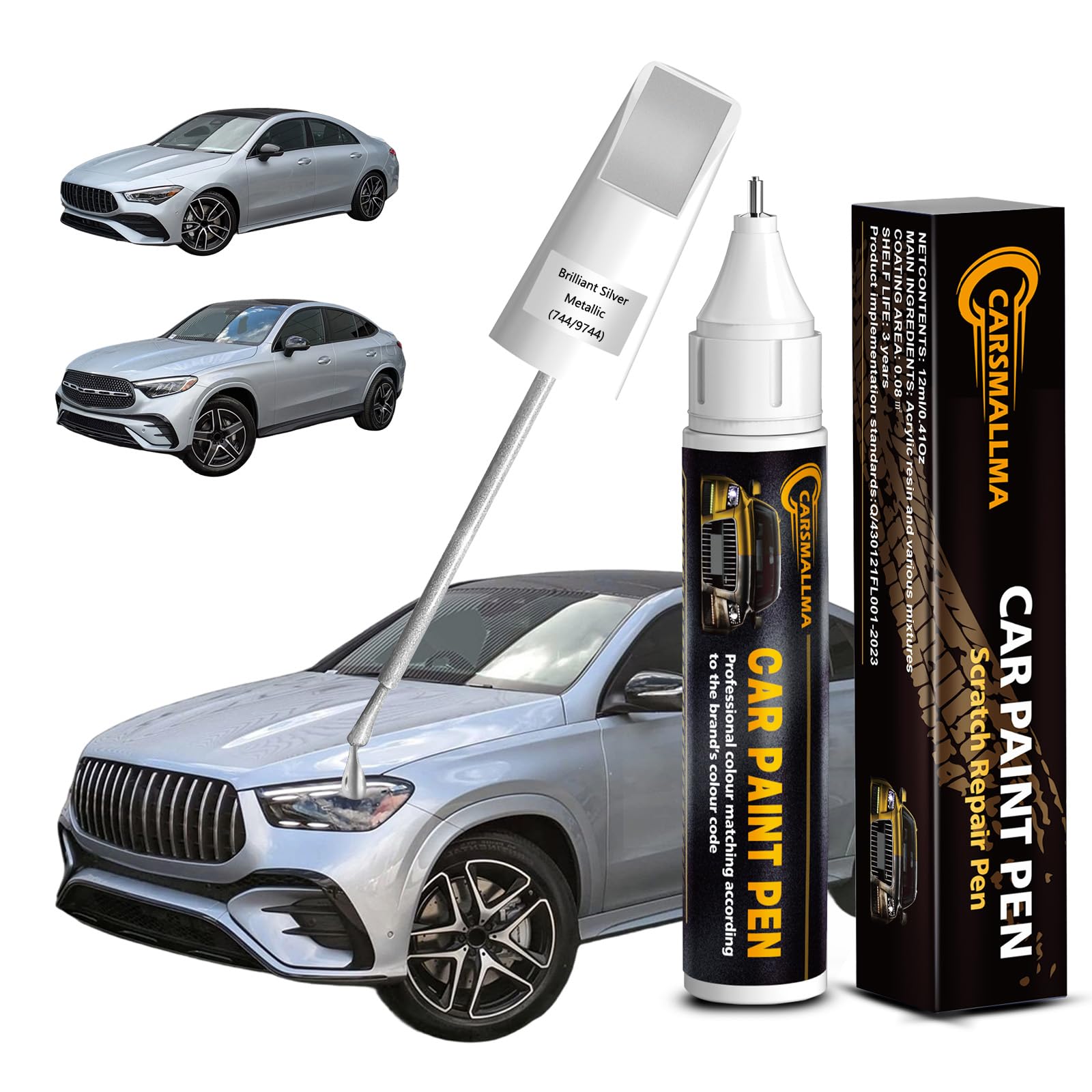 Car Touch Up Paint(744/9744 Brilliant Silver Metallic) for Mercedes-Benz, Color Accurate Car Scratch Repair Remover Pen,Auto Paint Quick and Easy to Fix Vehicle Chips and Nicks Scuff
