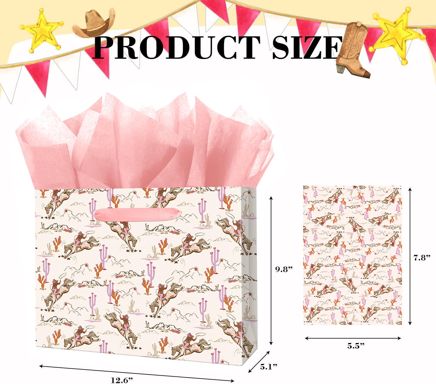 Linelglobal Large Cowgirl Gift Bag with Tissue Ppaer for Women Girl Birthday Western Theme Party Rodeo Stuffer 12.6"