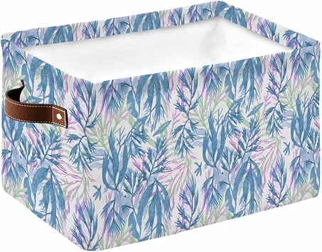 Blue Leaf Storage Basket for Shelves, Ocean Seagrass Coastal Leaf Watercolor Fabric Cubes Storage Bins, Closet Organizers with Handles for Book, Playing, Cloth, 15"x11"x9.5", 1 Pack