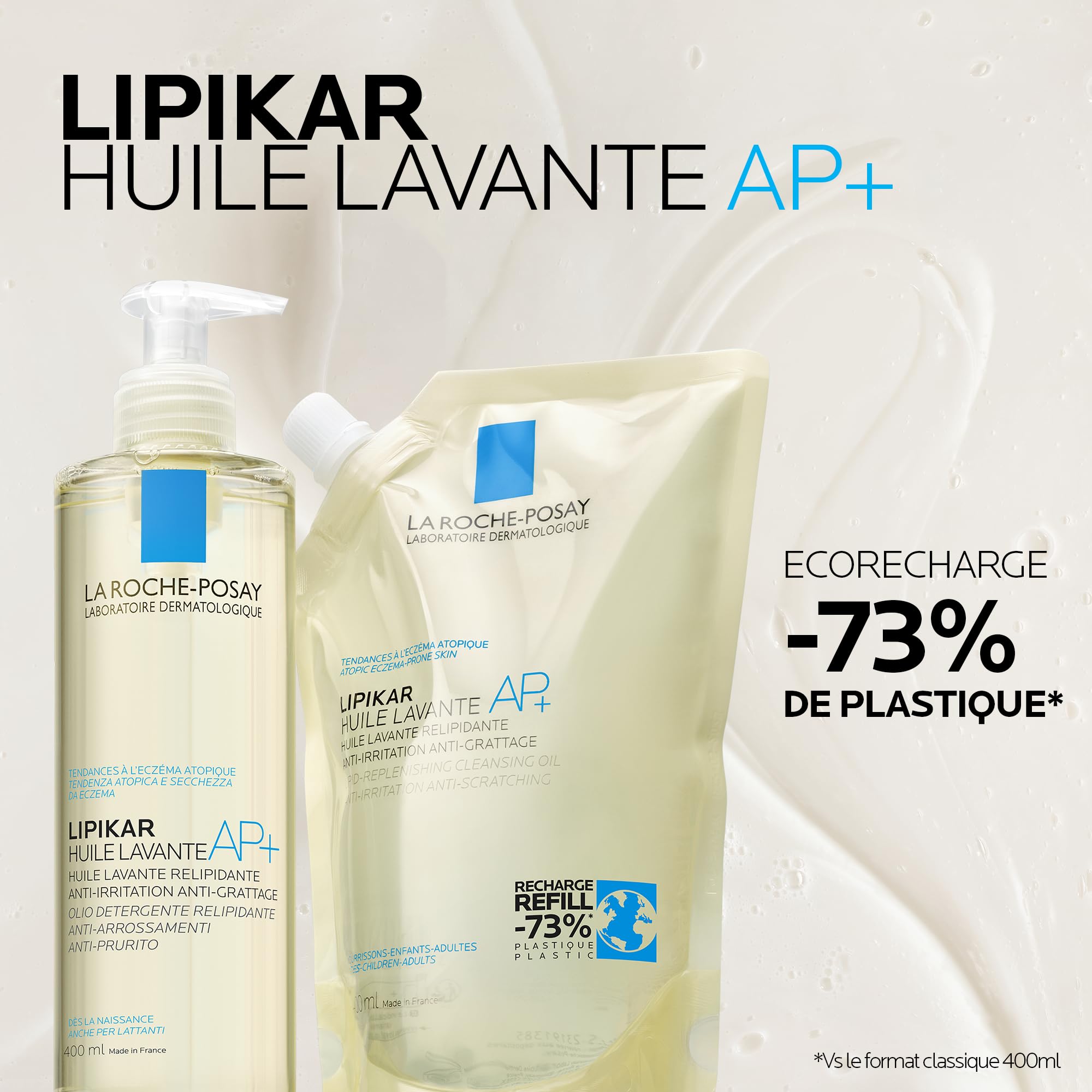 La Roche-Posay | Lipikar Huile Lavante AP+ Huile de douche | Nettoie en douceur | Anti-irritations | Pour peaux normales, sèches & atopiques | Dès la naissance | 400ml + éco-recharge de 400ml