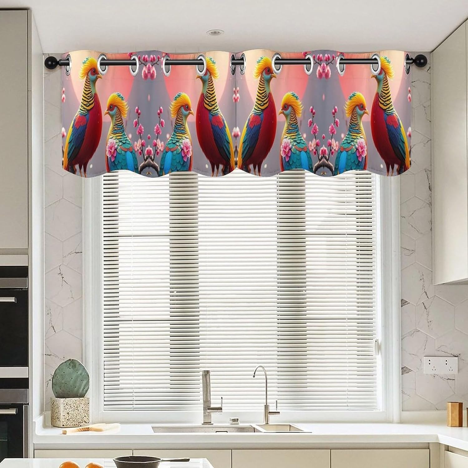 Beautiful Cuckoo Bird Valance for Windows, 2 Pack Kitchen Curtains Modern Home Decor, Soft Blackout Window Curtains for Living Room & Bedroom, 18 X 52 Inch