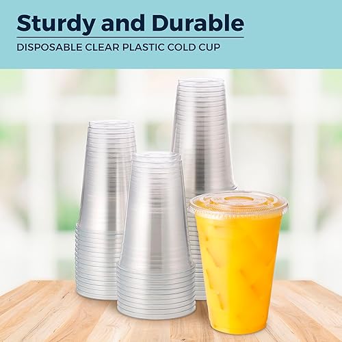 Miniatura 17 de Vasos desechables de plástico con tapas. Vasos transparentes de primera calidad, de 16 oz (onzas) PET para bebidas frías, café helado, zumos de té