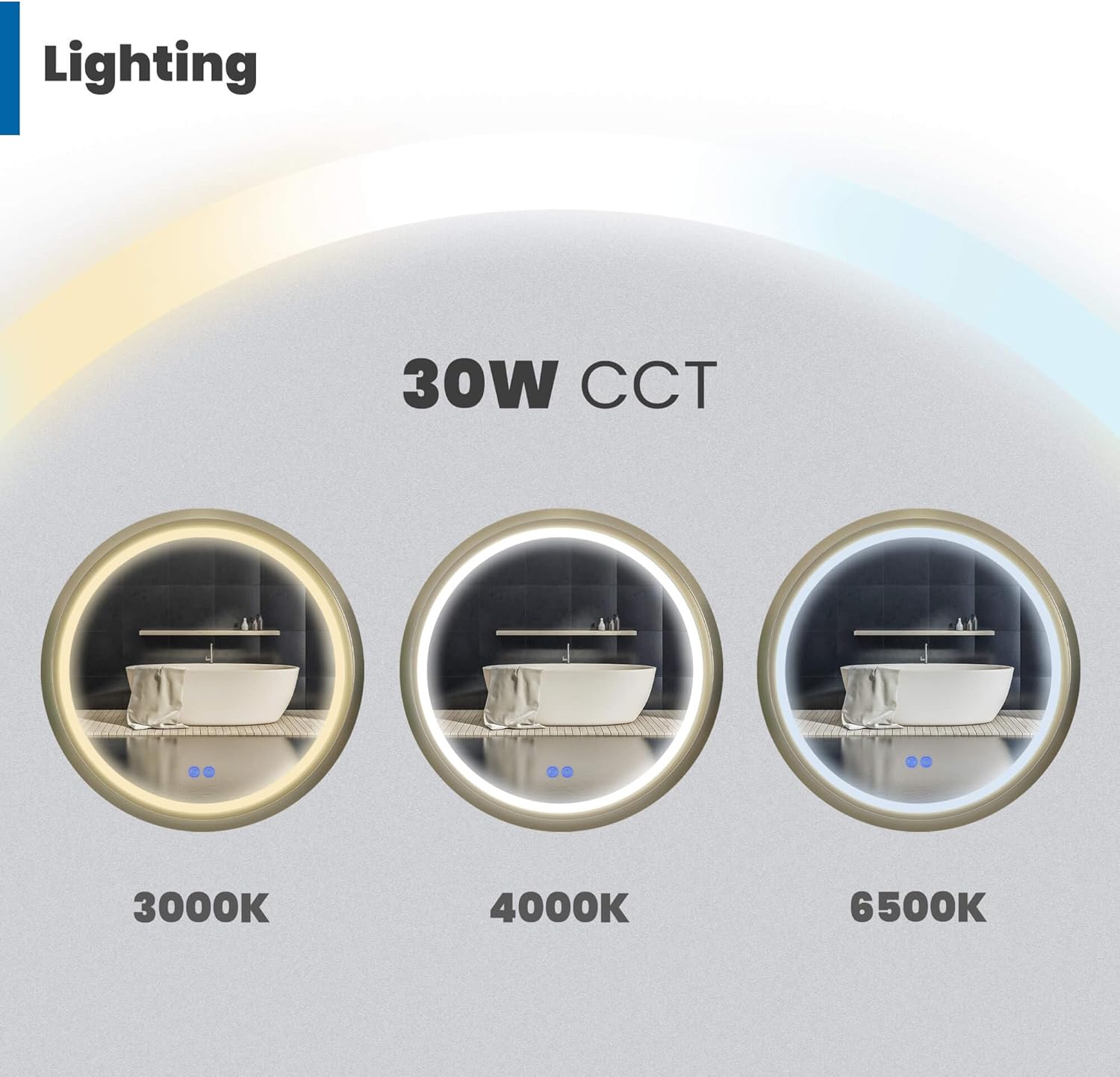 24 Inch Round LED Mirror for Bathroom, Gold Metal Frame Lighted Vanity Mirror with 3 Color Modes, Touch Dimmer - Anti-Fog Wall Mounted Circle Mirror with Lights - Fab Glass and Mirror