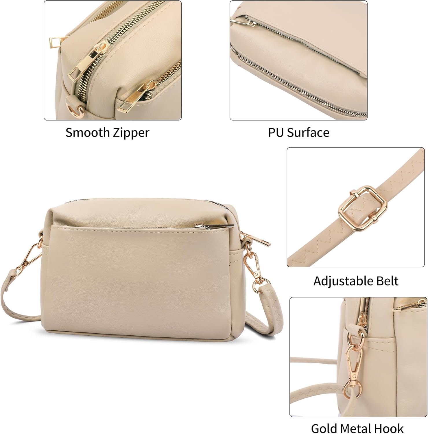 VOROLO Crossbody Bag Small Leather Triple Zip Crossbody Purse Shoulder Bag with Ajustable Strap for Women BEIGE - Image 4