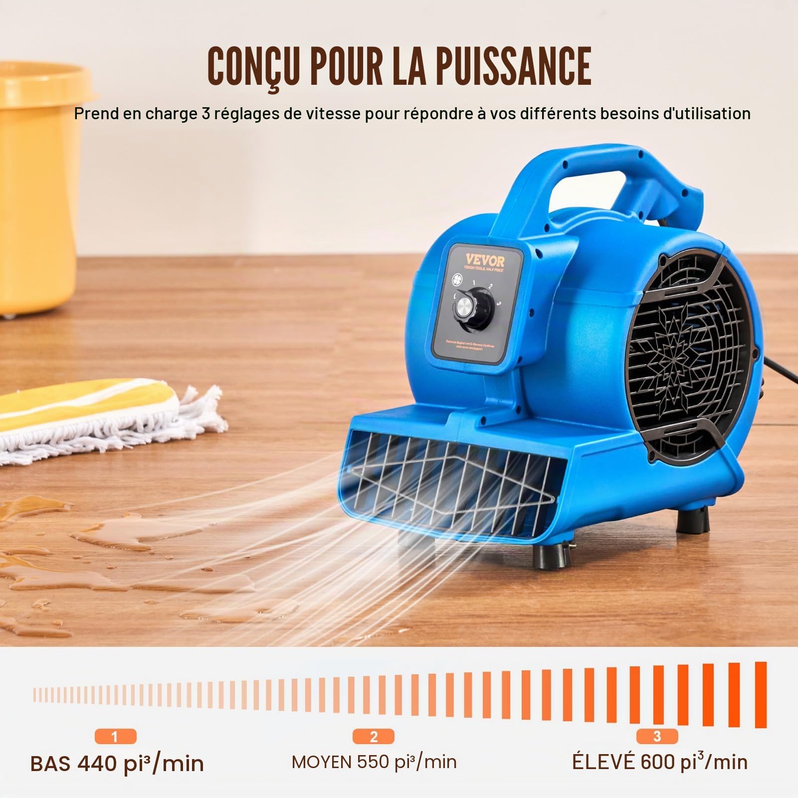 VEVOR Souffleur de Sol, 1360 TR/Min, Ventilateur de séchage Refroidissement, 17 m³/Min, sèche-Tapis Portable avec 4 Angles de soufflage, réglage à 3 Vitesses, pour Nettoyage, Maison, Usage Commercial