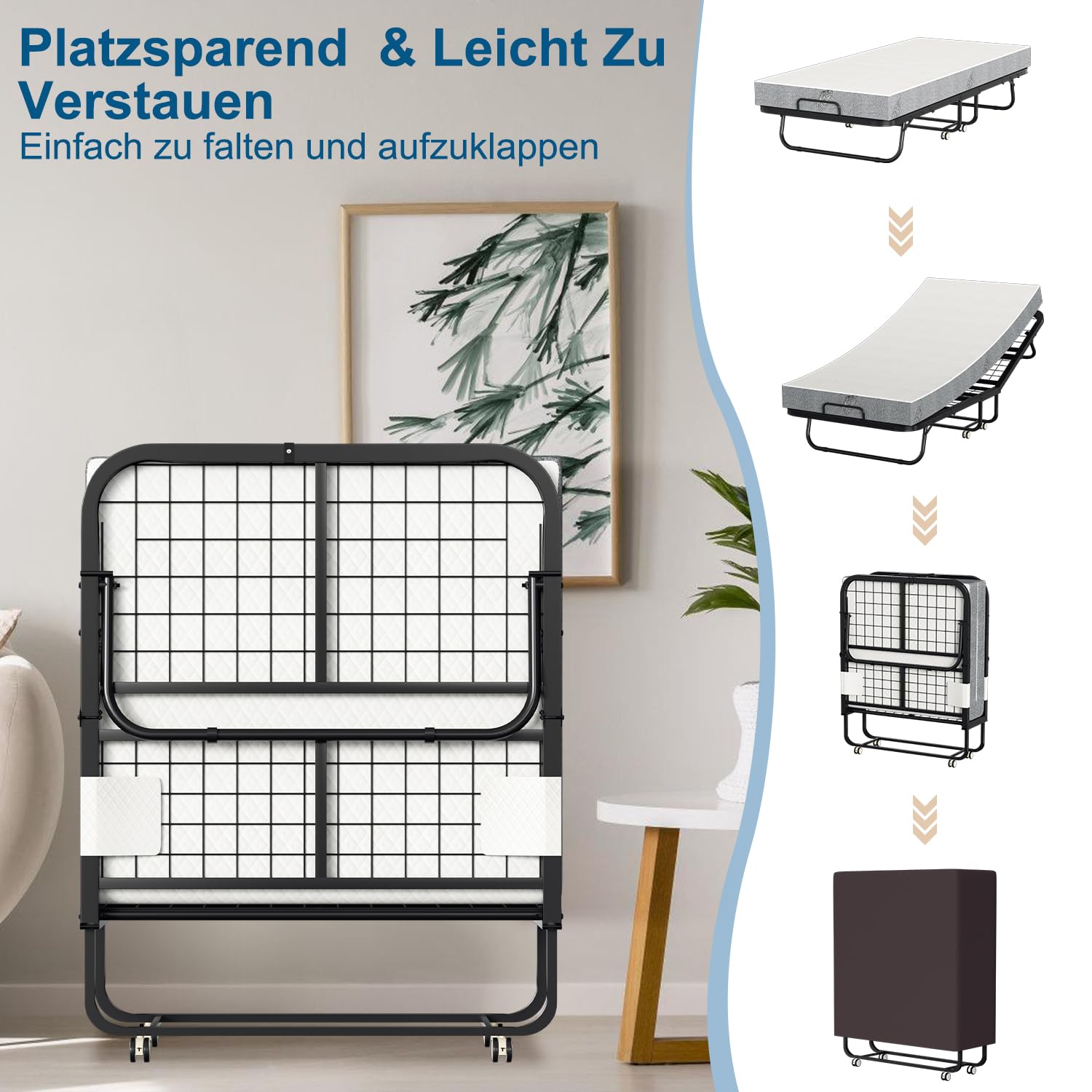 ISOSIL Klappbett 90x200cm Gästebett Klappbarer mit 13CM Schaumstoffmatratze Gästebett Klappbarer Metallbettrahmen Klappbett mit Rollen Klappbares Metallbett 200 kg Belastbarkeit Staubs