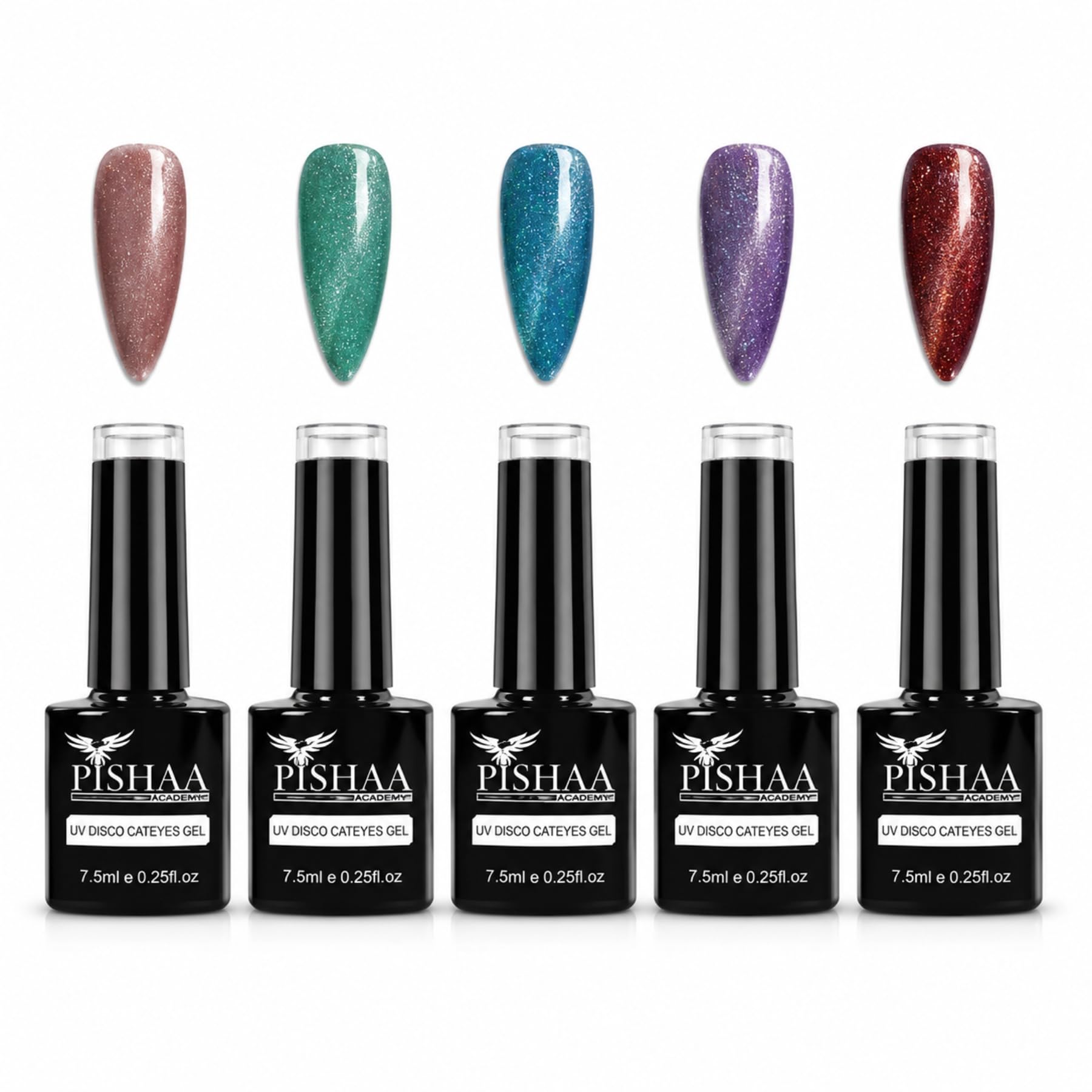 Disco Cat Eye UV LED Gel Polish Set of 5 (7.5ml Each) | Magnetic Glitter Soak-Off Gel Polish | Long-Lasting Shimmer Nail Art for Salon & Home | Series 11-15 (multicolor)-image-19