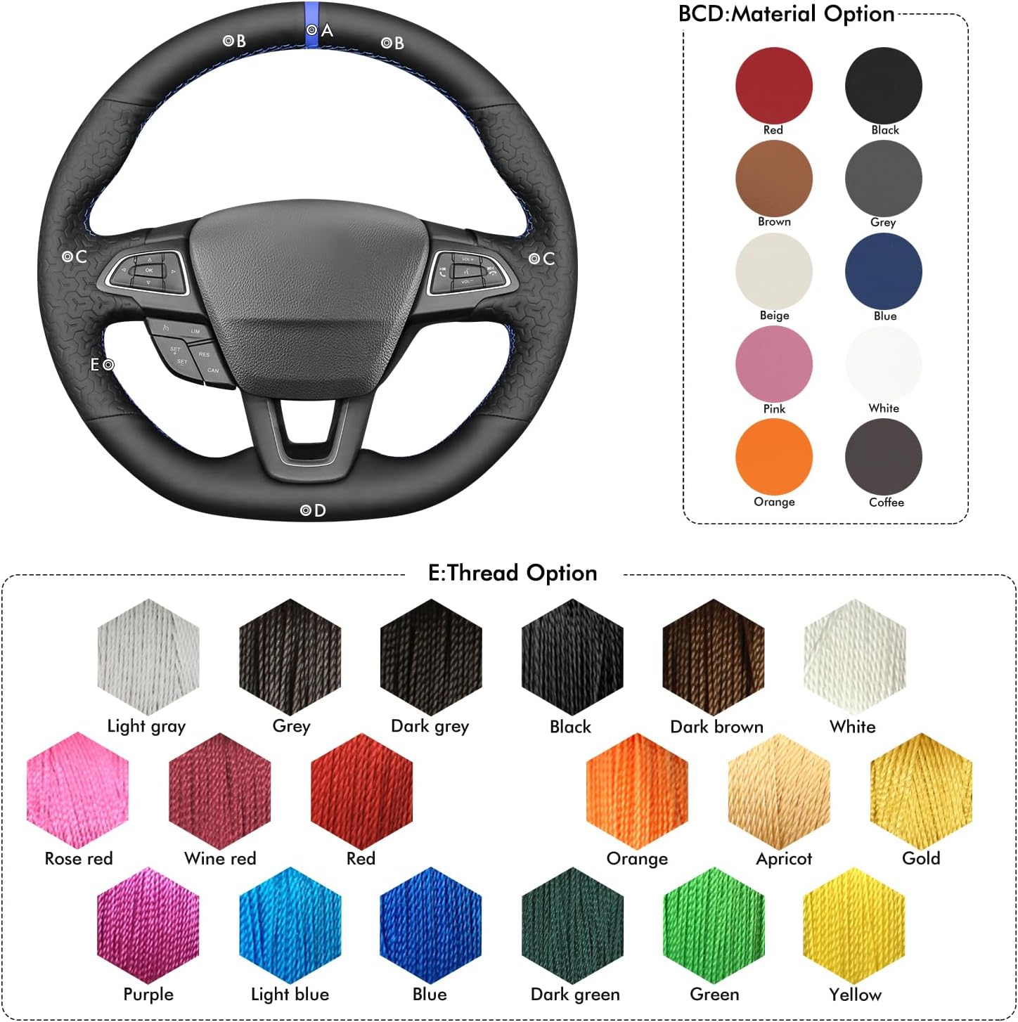 MEWANT Hand Stitched Steering Wheel Cover Wrap for Ford Focus MK3 ST 2015-2018/Focus RS 2016-2018 Steering Wheel Accessories for Ford Focus MK3 ST