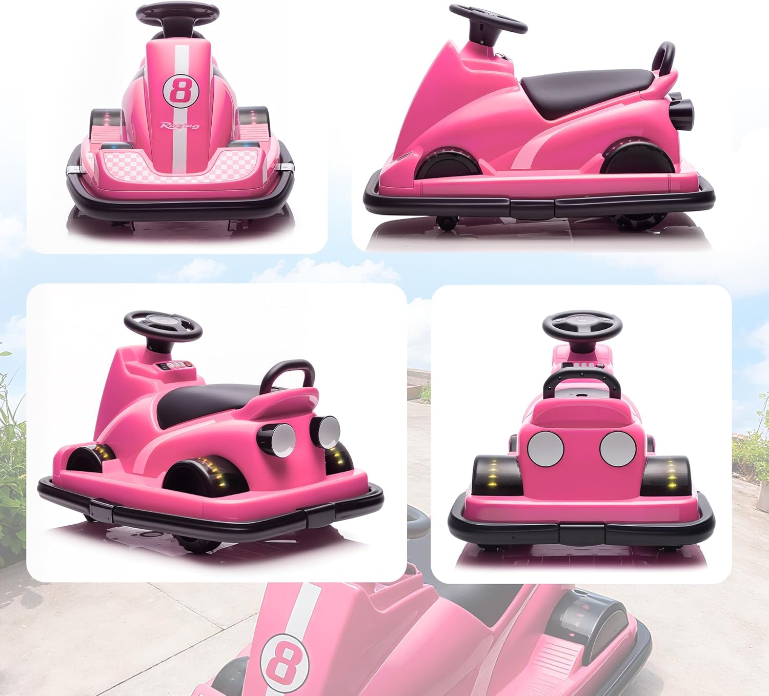 Zambiri views of the pink AIYAPLAY electric bumper car from different angles (front, side, back, top).