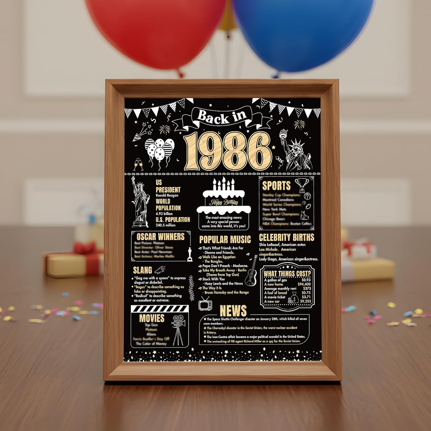 40th Birthday Card With Envelope - Back in 1986 Birthday Giant Guest Book Gifts for Men Women, Black Gold Happy 40 Forty Years Old Bday Greeting Card Party Decorations Supplies - Image 6