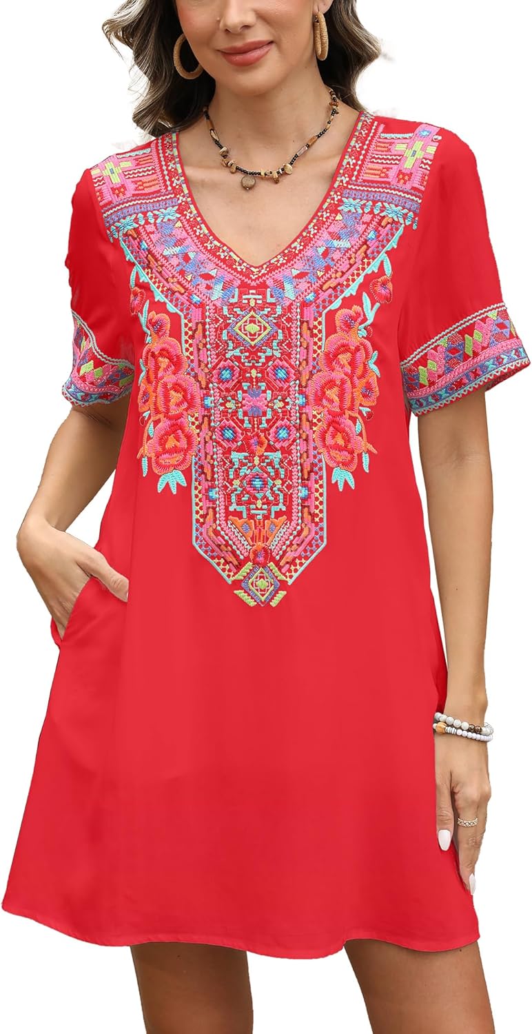 Grosy Fiesta Embroidered Mexican Dress for Women Beach Vacation Plus Size Short Sleeve Summer Boho Dresses with Pocket - Image 3