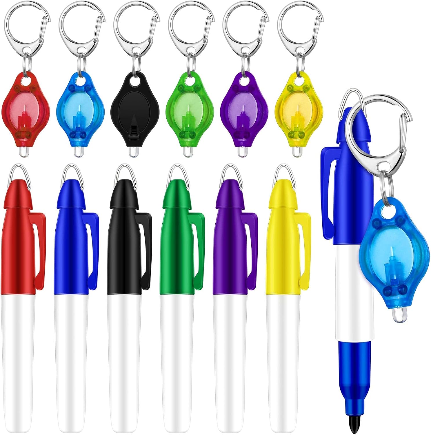 Zonon 12 Pcs Mini Flashlight Keychain Permanent Marker Keychain for Nurse Badge LED Key Ring Bullet Tip Point Markers (Red, Yellow, Blue, Purple, Green, Black)