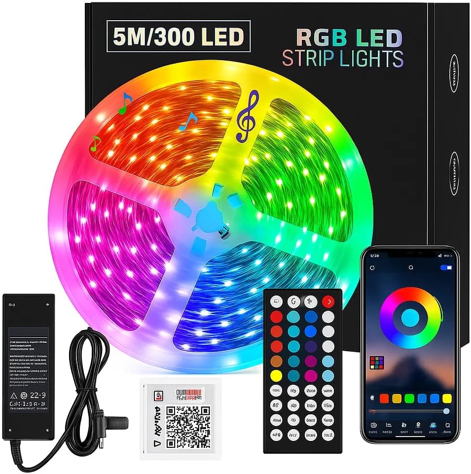 KSIPZE RGB LED Strip Lights 5 Meter 300 LEDs | Waterproof LED Strip Light with Bluetooth App & 44 Key IR Remote | Multicolor Strip Lights for Home Decoration & Bedroom