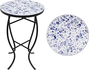 VCUTEKA Mosaic Outdoor Side Table, 14" Round Small Patio Accent Table Indoor End Table for Yard, Garden, Living Room, Bistro Balcony or Lawn