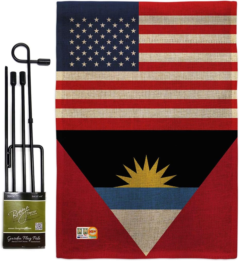 Antigua & Barbuda US Friendship Burlap Garden Flag Set with Stand Regional Nation International World Country Particular Area Small Gift Yard House Banner Double-Sided Made In USA 13 X 18.5