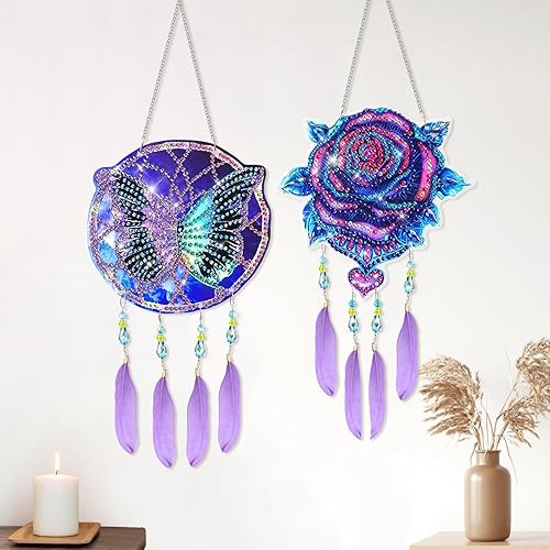 EEEKit Kit de 2 piezas de atrapasoles de pintura de diamante, colgante de pintura de diamante, campanilla de viento de arte de cristal para