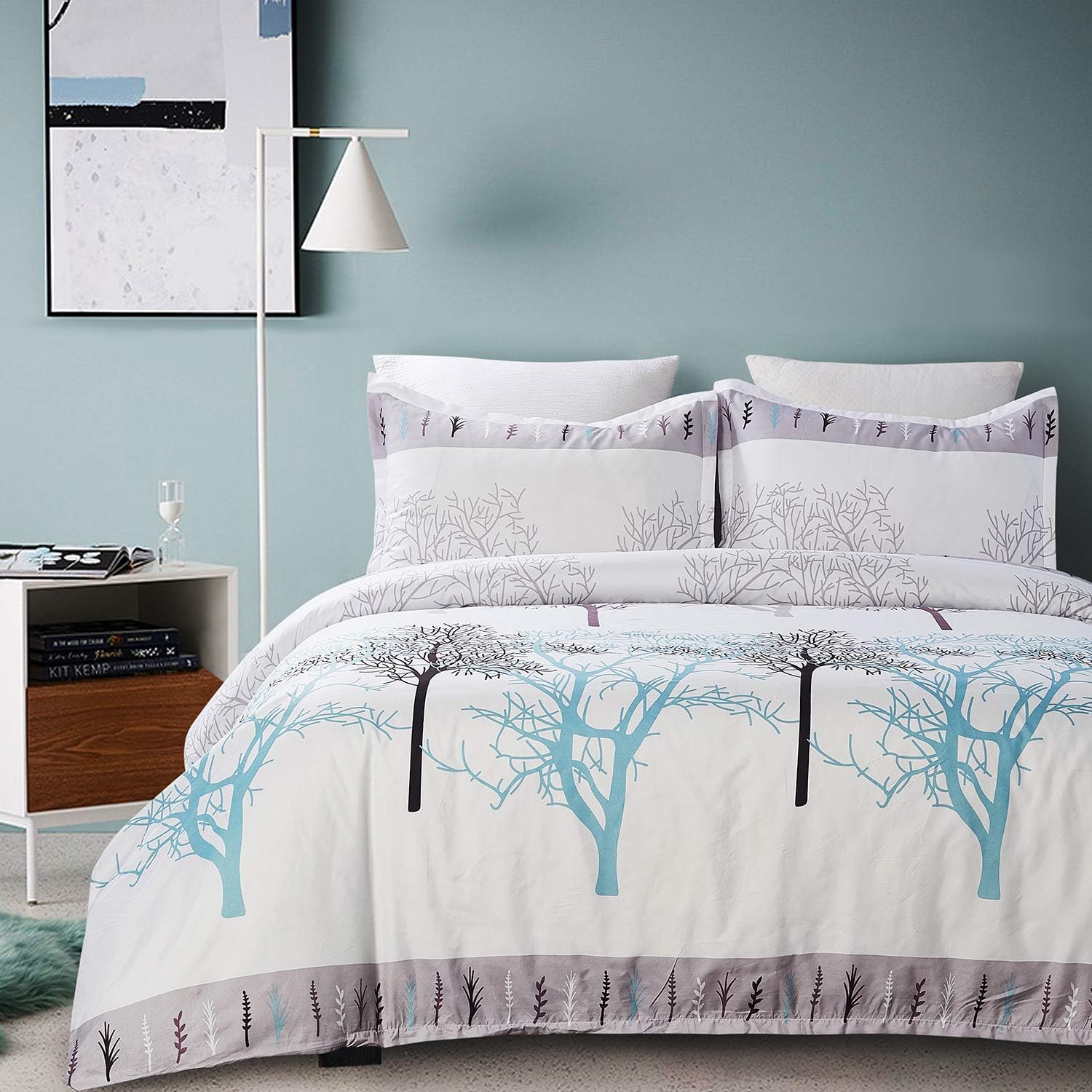 Vaulia Lightweight Soft Microfiber Duvet Cover Set, Printed Branch Pattern - White, Queen Size
