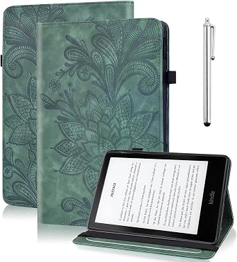 Case for All-New 7" Kindle Paperwhite 12th Generation 2025/2024 & Kindle Colorsoft Signature Edition 2024, Embossed Lace Premium PU Leather Case with Card Slot/Pen Holder, Green