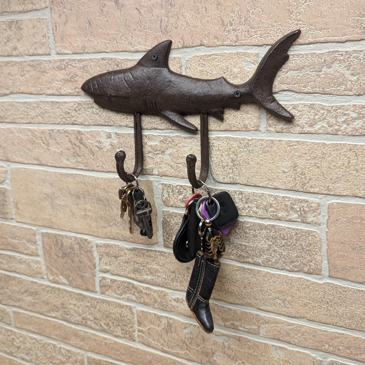 Treasure Gurus Cast Iron Double Shark Hooks Wall Mount Key Ring Coat Rack Bathroom Towel Hook Beach Decor