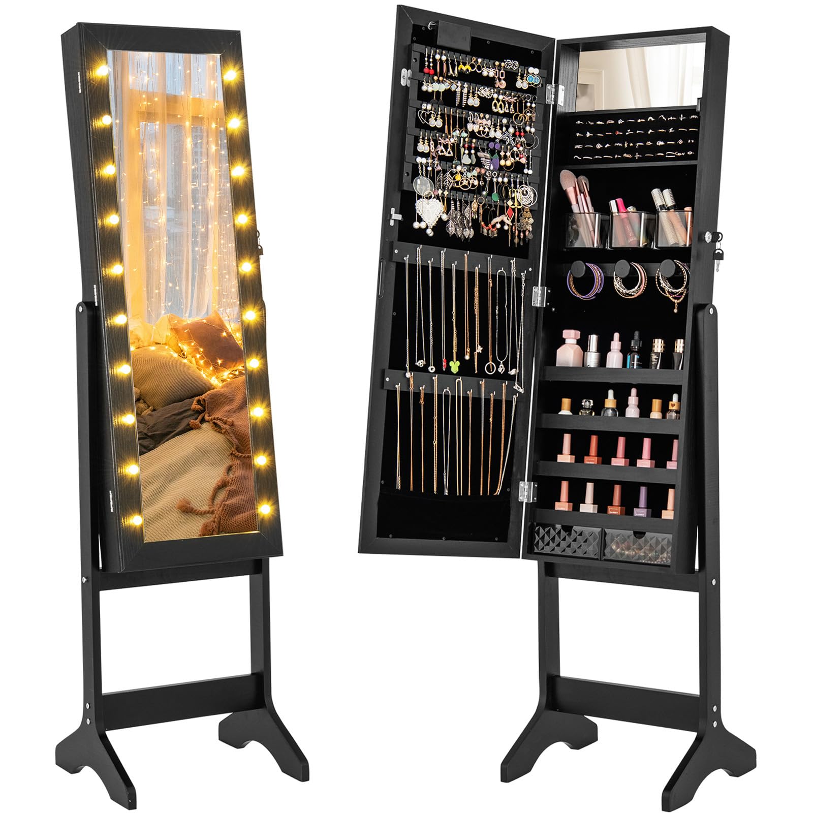 CHARMAID Jewelry Cabinet with Full Length Mirror and Warm Lights, Lockable Jewelry Armoire with Storage, 4 Tilt Angles, Standing Jewelry Organizer with Makeup Mirror for Girls Bedroom (Black)