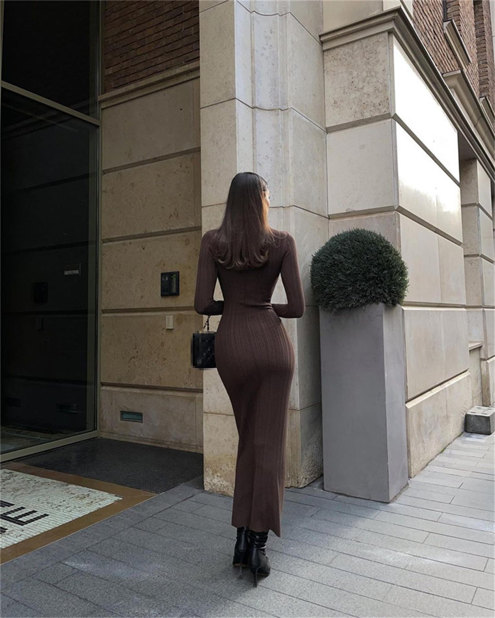 Vestito Donna Maglia Collo Alto Manica Lunga Elegante Autunno Inverno | Vestito donna in maglia a coste con collo alto, elegante e aderente, perfetto per lavoro e tempo libero