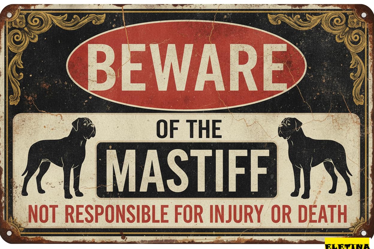 Tin Sign for Man Cave Beware Of The Dog Mastiff Aluminum Metal Tin S Outdoor Yard Warning Fence Yard Home Kitchen Farm Garden Wall Decor 8x12 Inch Private Property Decorative