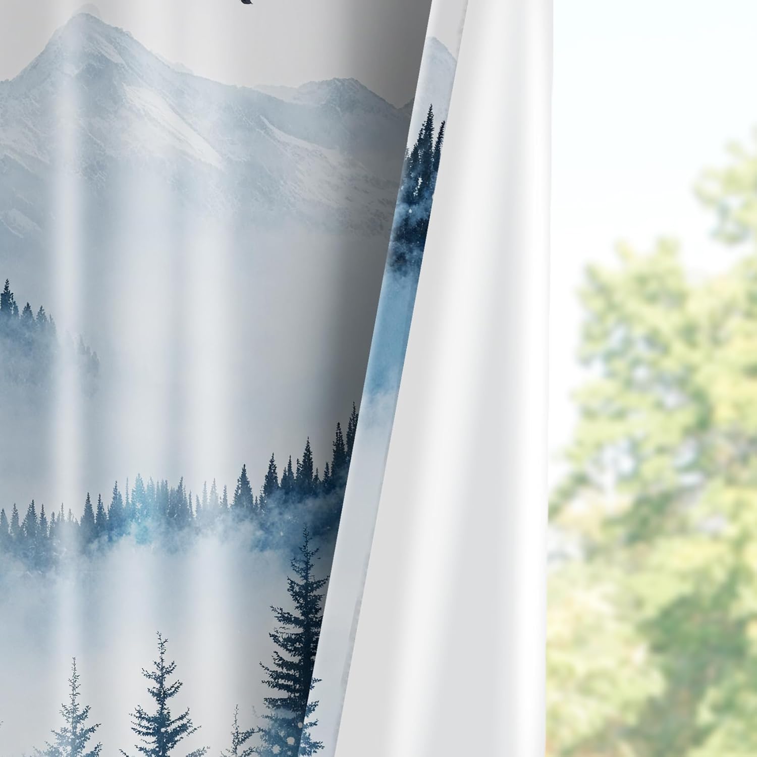 Winter Blue Forest Blackout Curtains for Bedroom, Snow Forest Mountain Nature Landscape Window Curtains 2 Panel Sets Christmas Decorations Drapes for Living Room Home Decor, 42W X 63L inches