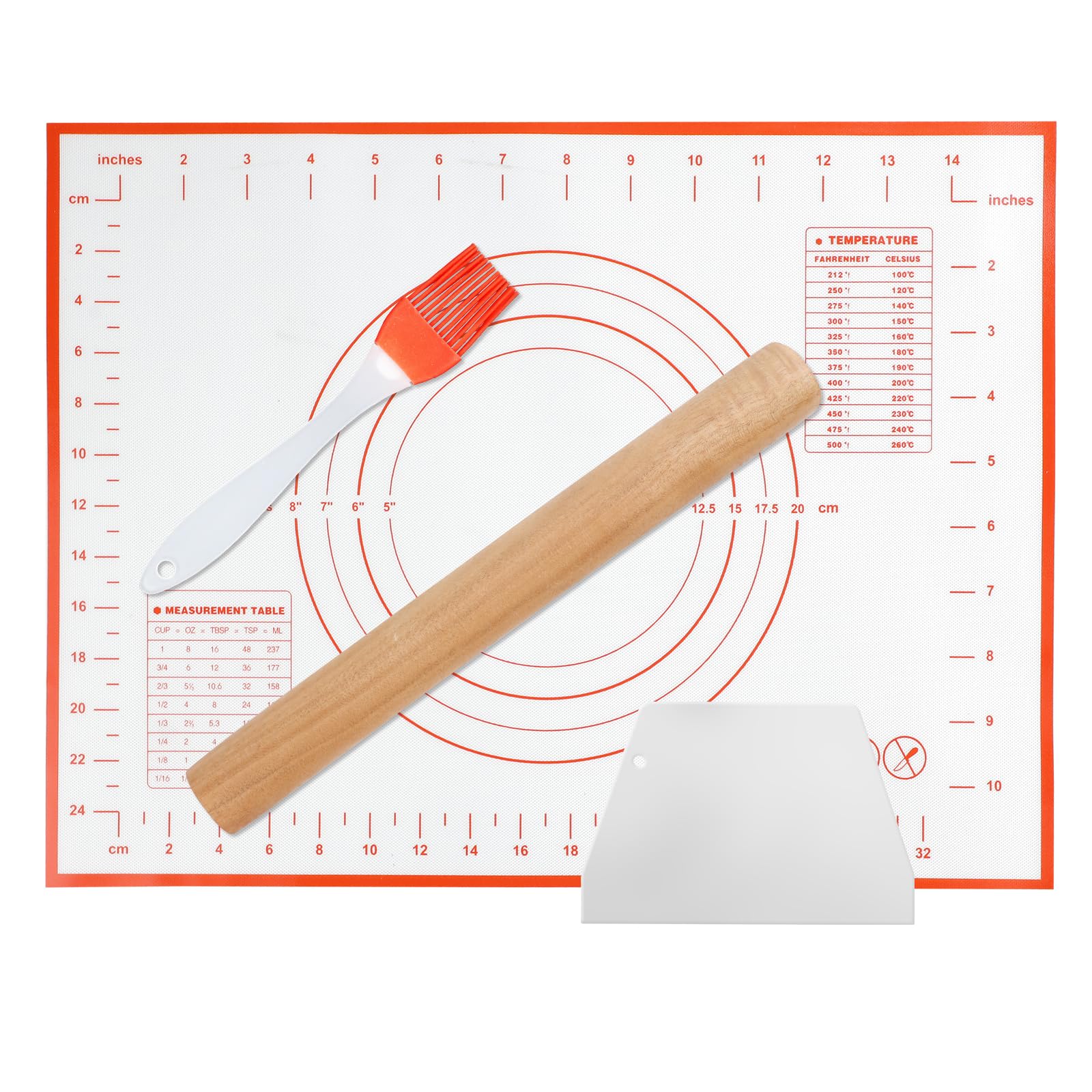 4er Set Nudelholz und Backmatte mit Backpinsel & Teigschaber, Antihaft-Silikon-Backmatte und Hölzerne Teigrolle zum Backen für Teig Brot Pizza Gebäck Plätzchen