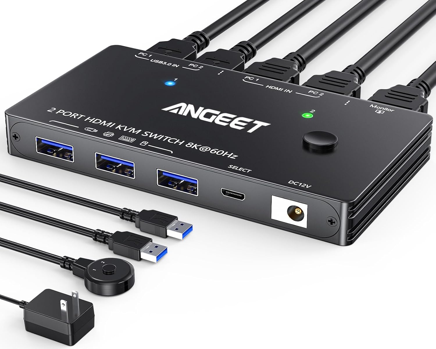 8K HDMI KVM Switch 2 Port 8K@60Hz 4K@120Hz，ANGEET HDMI 2.1 KVM Switch for 2 Computers Share 1 Monitor and 3 USB 3.0 Devices，HDCP 2.3，HDR 10，with Wired Remote and 2 USB3.0 Cable
