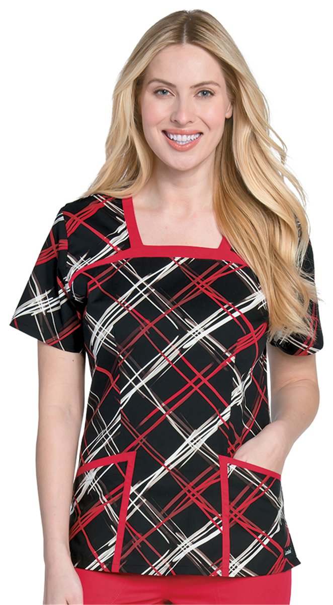 Landau Women's Square Neck Plaid Print Scrub Top X-Small Print