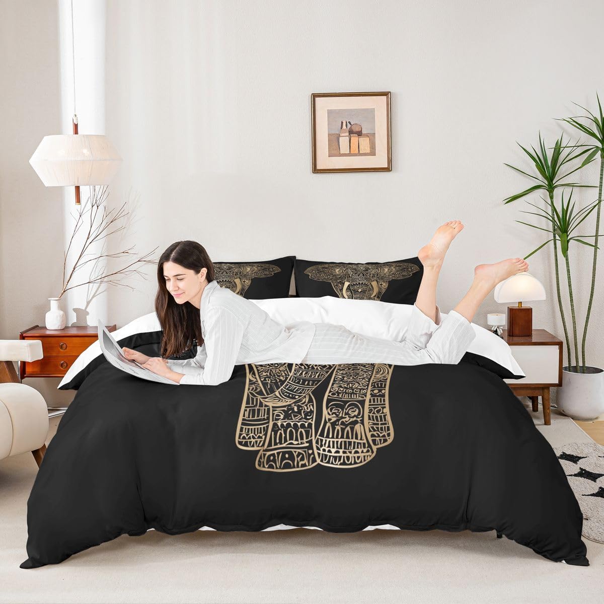 Feelyou Bohemia Boho Duvet Cover Set Queen for Girls Women 3D Gold Elephant Comforter Cover Set Africa Wild Animal Bedding Set Black Golden Bedspread Cover with 2 Pillow Shams Microfiber Zipper