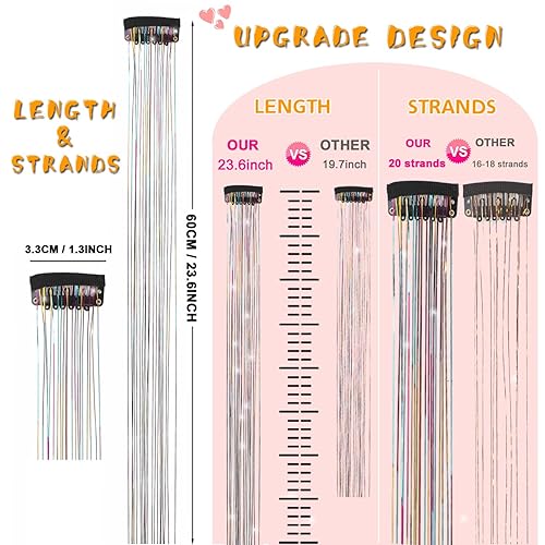 Miniatura 5 de Extensiones de cabello de oropel con clip de 23.6 pulgadas, extensiones de cabello de oropel con purpurina resistente al calor, accesorios de