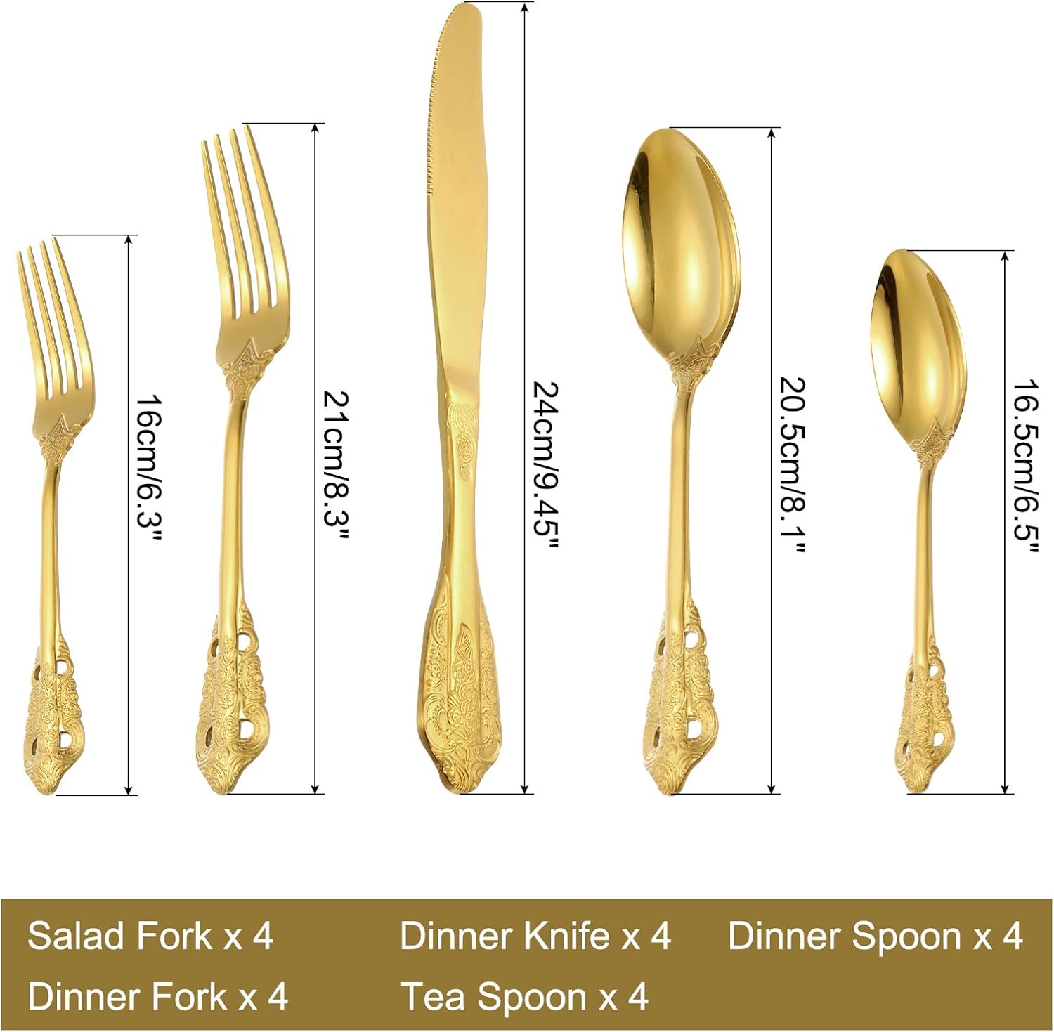 uxcell 4 Set Stainless Steel Flatware Set, Kitchen Utensil Set, Table Spoons, Knife, Salad Forks, Dessert Forks, Gold