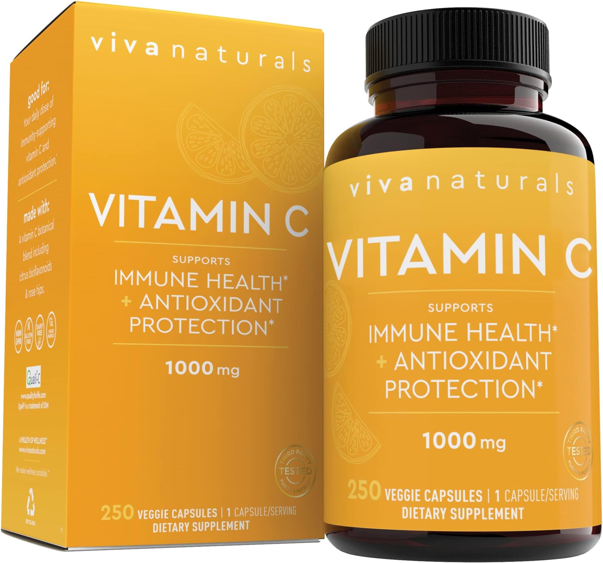 Vitamin C 1000mg - Non-GMO Vitamin C Supplements with Citrus Bioflavonoids & Rose Hips for Immune Support & Antioxidant Protection, 250 Vegetarian Capsules
