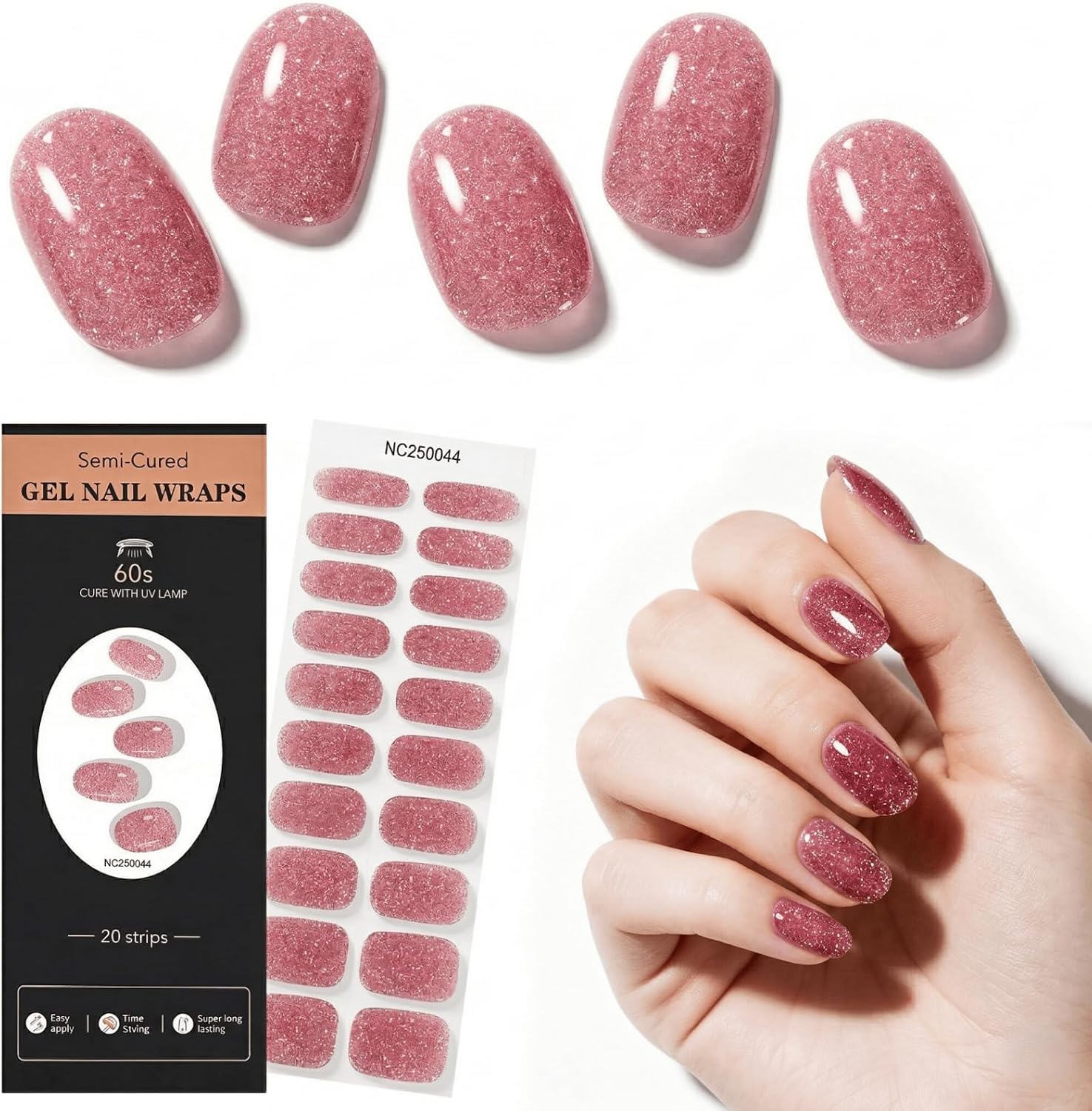 Semi Cured Gel Nail Strips Kit, UV Light Required, 60% Pre-Cured Pink Glitter Ombre Polish Wraps, Stretchable to Prevent Edge Lifting, DIY Salon Manicure for Women, 20 Pcs