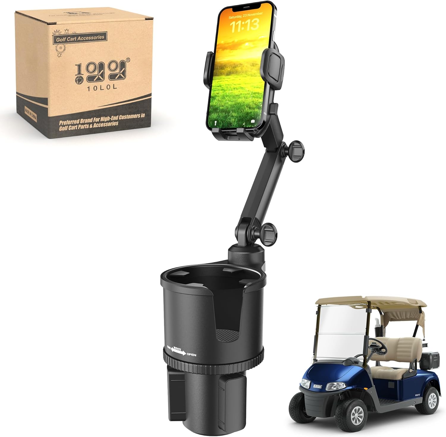10L0L Updated ABS Golf Cart Cup Holder with Mobile Phone Holder Mount Compatible with Yamaha, EZGO, Club Car Golf Cart Model, 360° Rotatable Stand/One Click to Secure & Release/Expandable