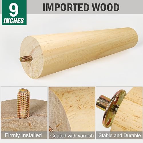 Miniatura 9 de FoDau770 Patas de madera de goma para muebles de 9 pulgadas, patas rectas de madera cónicas para sofá de mediados de siglo, juego de 4, patas de