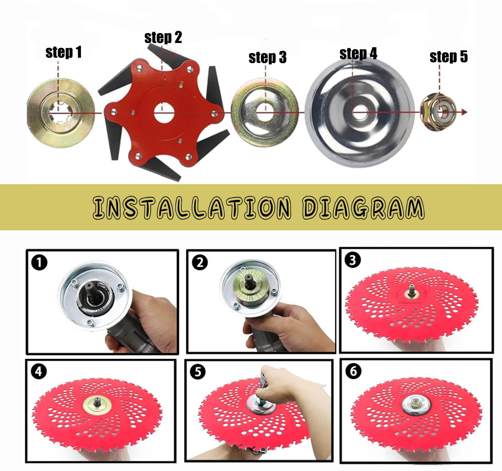 Lame con punta in carburo da 22,9 cm x 36 denti e testina in acciaio 6 in acciaio da 65 Mn, lame universali in metallo con adattatore universale per decespugliatore, mangiatore di erbacce