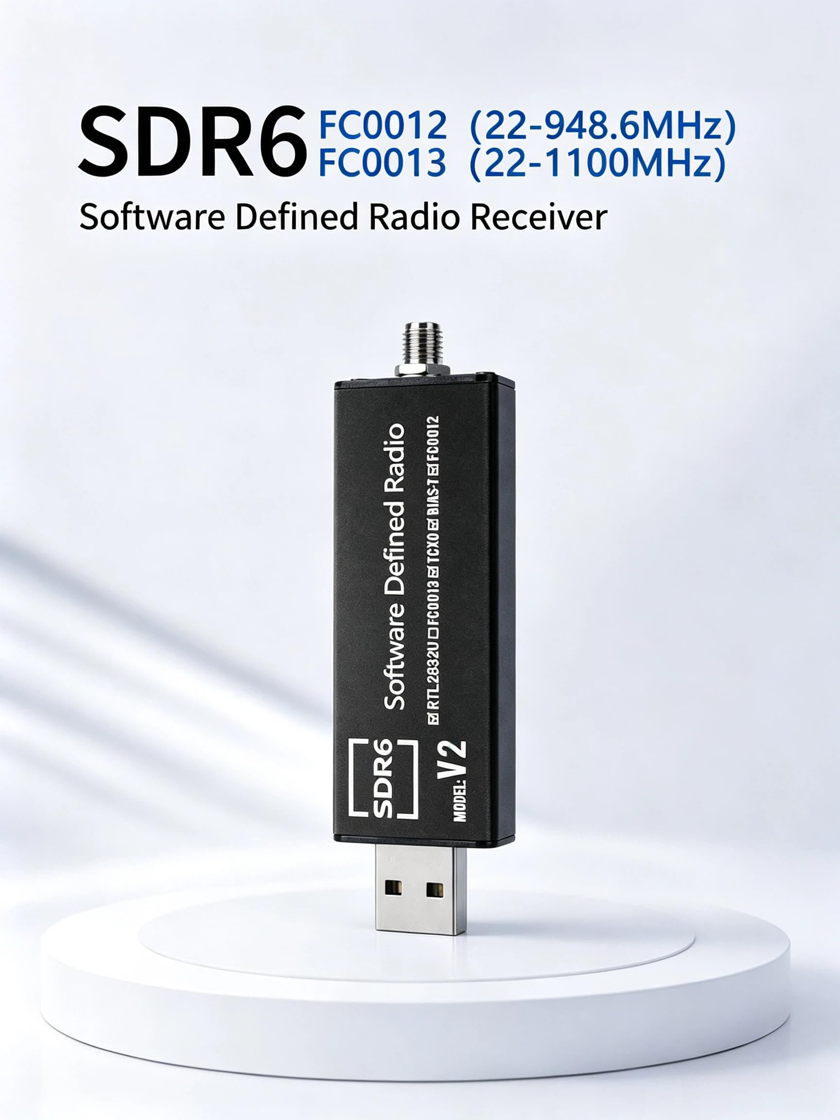SDR6 V2 Ricevitore Radio RTL2832U USB 2.0 22-1100 MHz (SDR6 V2(FC0013) Kit antenna base magnetica)