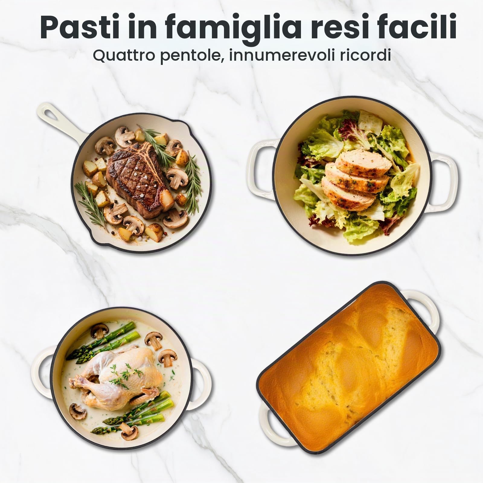 GFTIME Set di pentole in ghisa, 5 pezzi, 2,3 QT, casseruola olandese da 4,7 QT, padella da 28 cm, teglia per pane – Versatili pentole e padelle in ghisa smaltata resistenti al forno