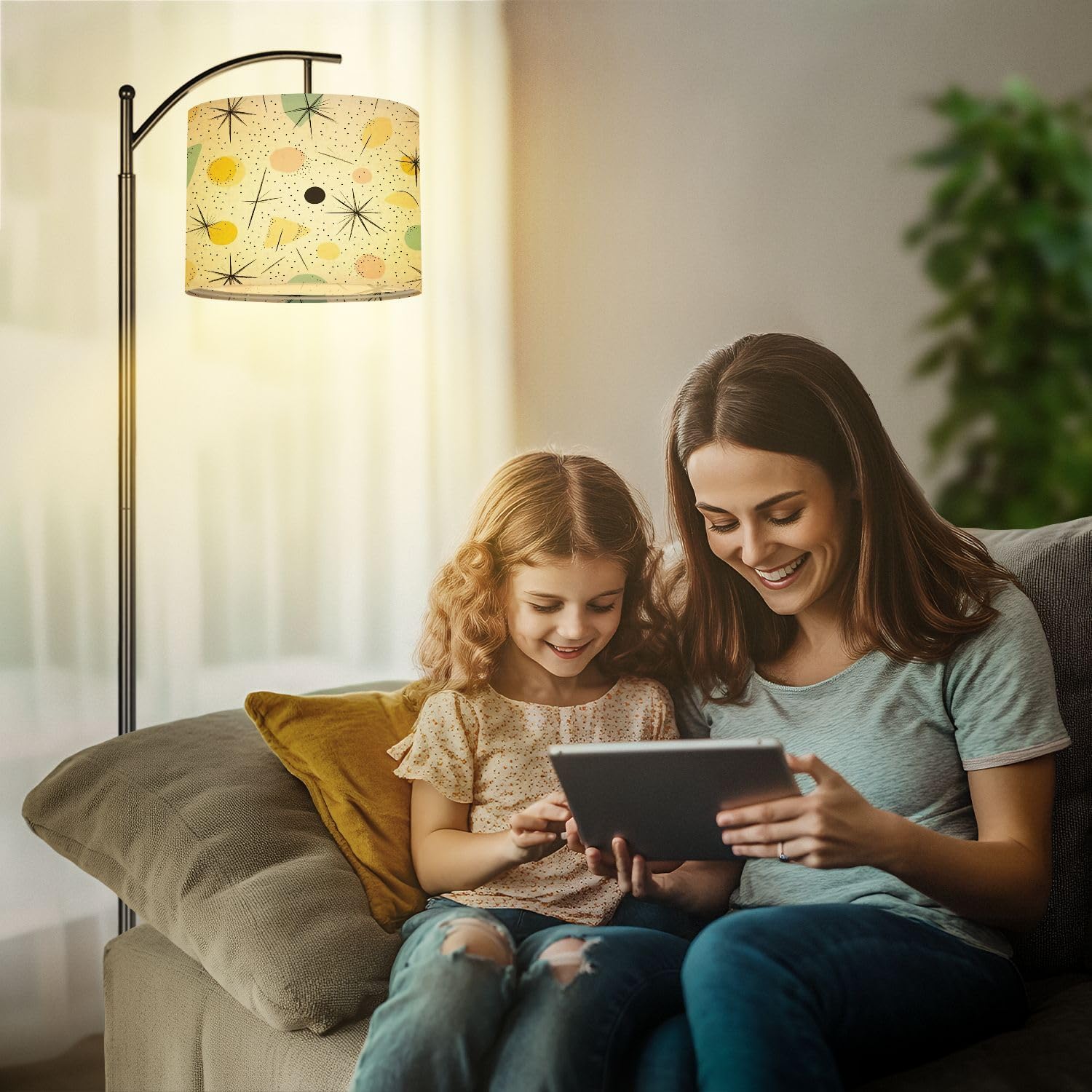 Drum Lamp Shade Atomic Starbursts Mid Century Modern Sputnik Palm Springs Abstract Lampshade for Floor Lamps Table Lamps Pendant Light 8.9"x11" Linen Lampshades Replacement Large Lamp Shade