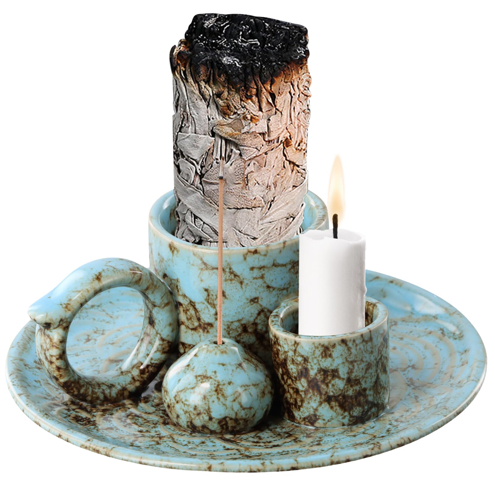 Porta Incenso 4 In 1 In Ceramica Giallo - Bruciatore Per Palo Santo, Salvia E Portacandele, Vassoio Raccogli Cenere Per Meditazione