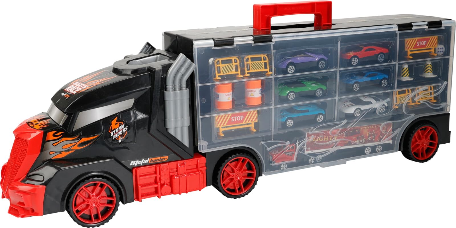 Envenzo Truck with Trailer Toy Set, Includes 6 Mini Cars, 1 Mini Truck with Trailer, 10 Road Barriers, 60.5x12x20cm, 1:24 Scale, Ages 6+
