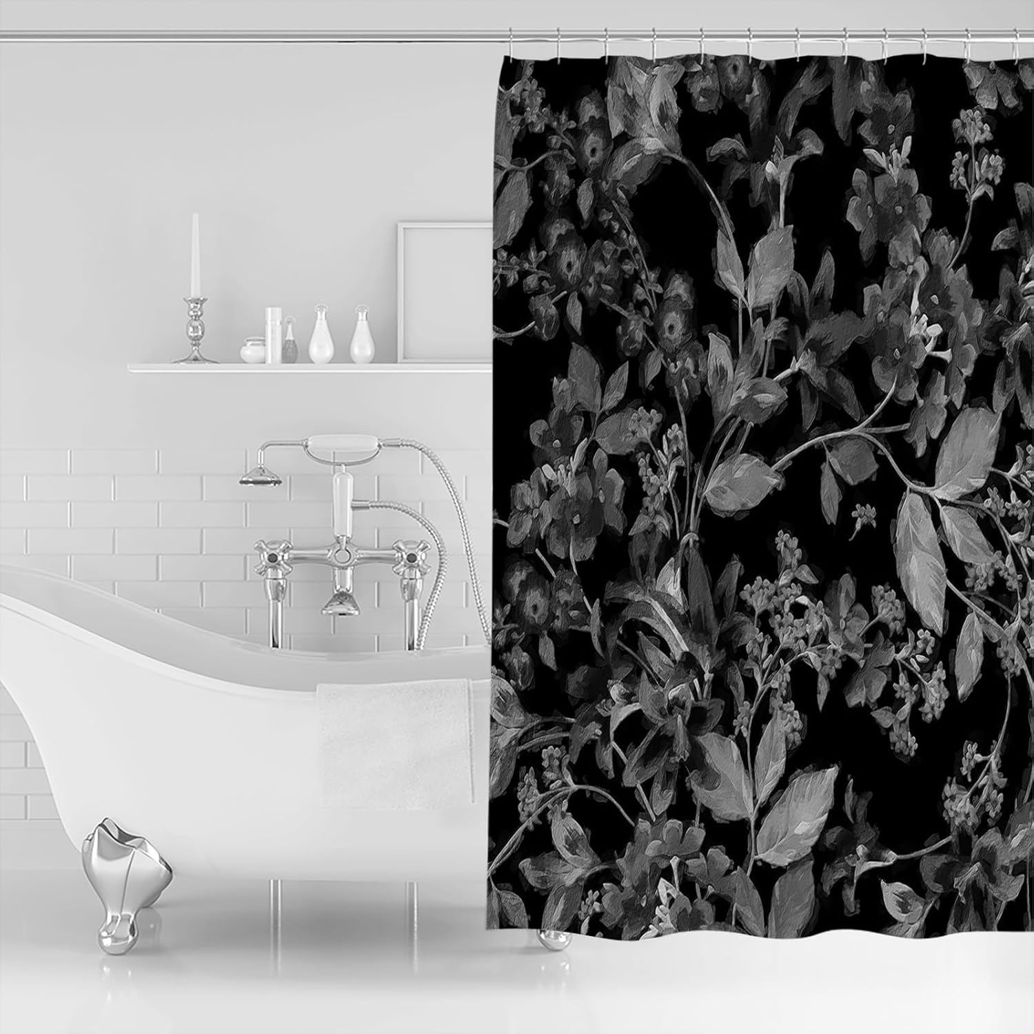 Abstract Shower Curtain for Bathroom 72" x 78", Gradient Black and White Flowers Leaves Shower Curtain with Hooks Polyester Waterproof Home Bathtub Decor