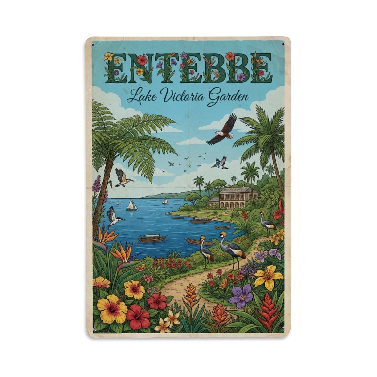 Metal Tin Sign Vintage Travel Uganda Entebbe