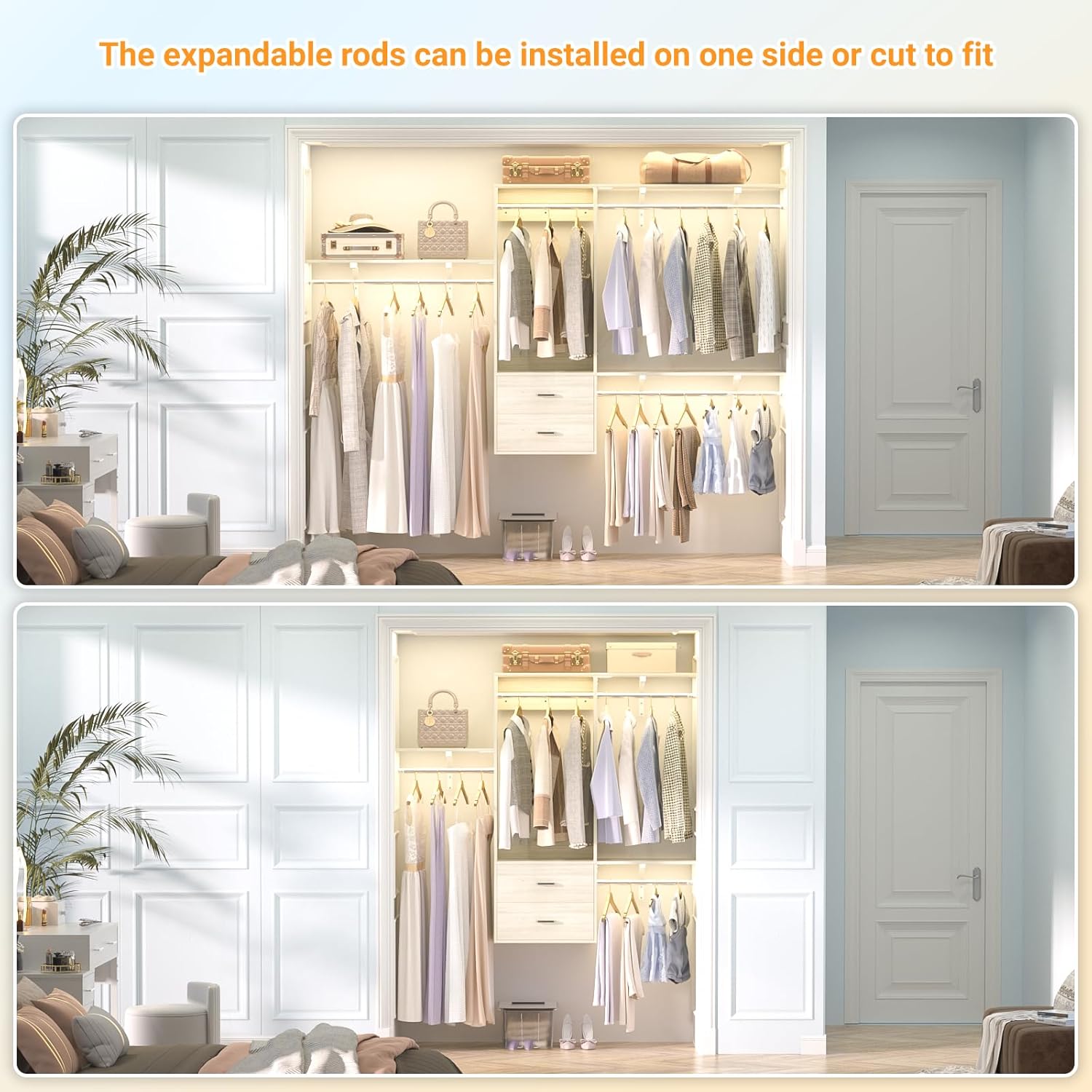 96 Hanging Closet System with 2 Wooden Drawers, 75"–87" Height Adjustable Closet Organizer System with Tower, 4-8FT Custom Closet Shelving System, Wall-Mounted Walk-In Closets Wardrobe, White Oak