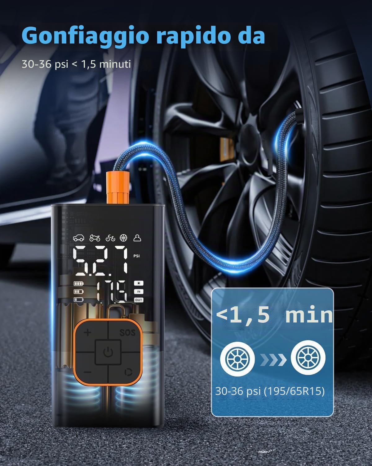 Compressore Aria Portatile 150 PSI, Mini Compressore Elettrico Portatile Senza Fili con Schermo Digitale e Torcia LED, per Auto, Moto, Bicicletta, Palla