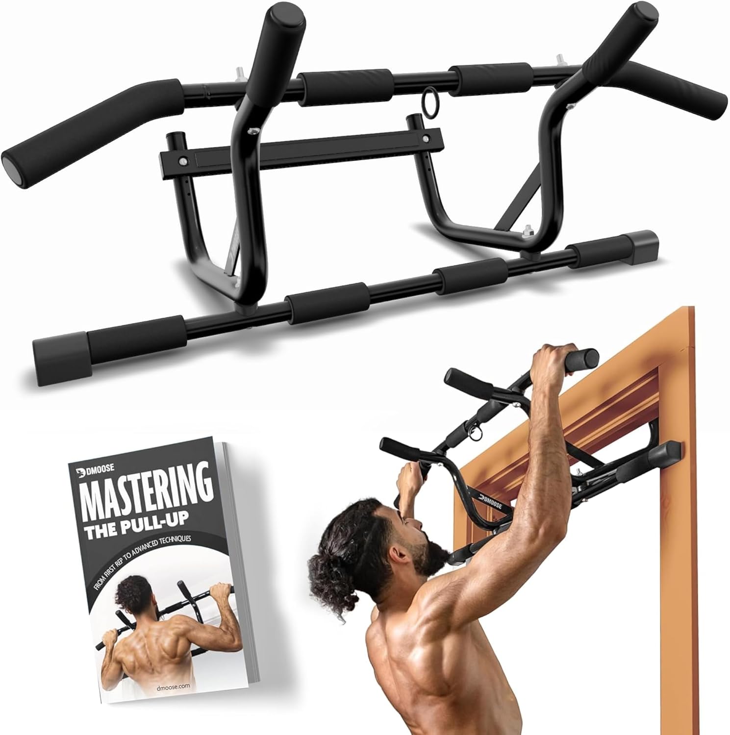 DMoose Fitness Pull Up Bar for Doorway - Upto 250 Lbs Capacity, No Screwing or Slipping, Hanging Pullup &amp; Chin Up Bar for Door Frame - Multi Padded Grips for Strength Training with Installation Gu